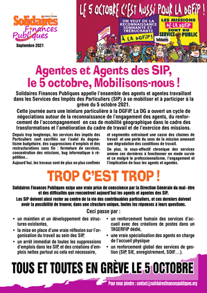 Tract : Agentes et Agents des SIP, le 5 octobre, Mobilisons-nous !